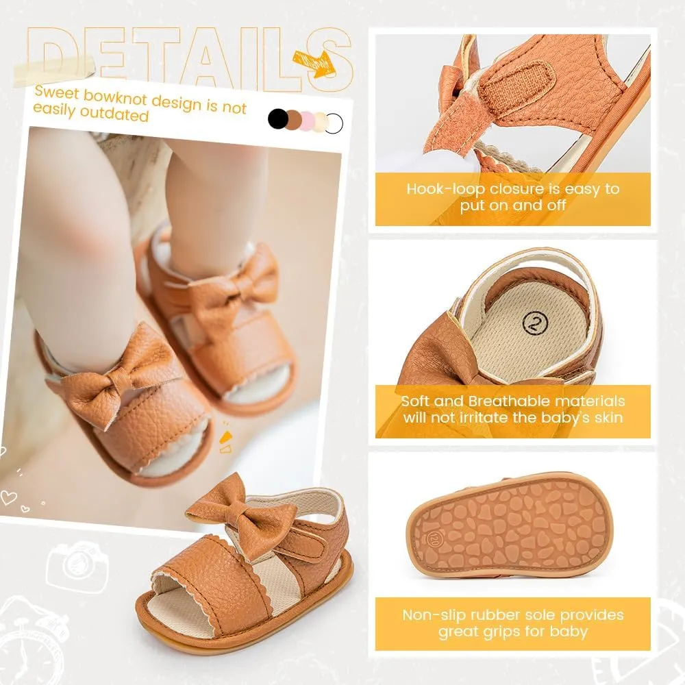 Miamooi Infant Baby Girls Boys Sandals Summer Bowknot Crib Shoes Toddler Pu Leather Flower Soft Rubber Sole Dress Flats First Walker Shoes