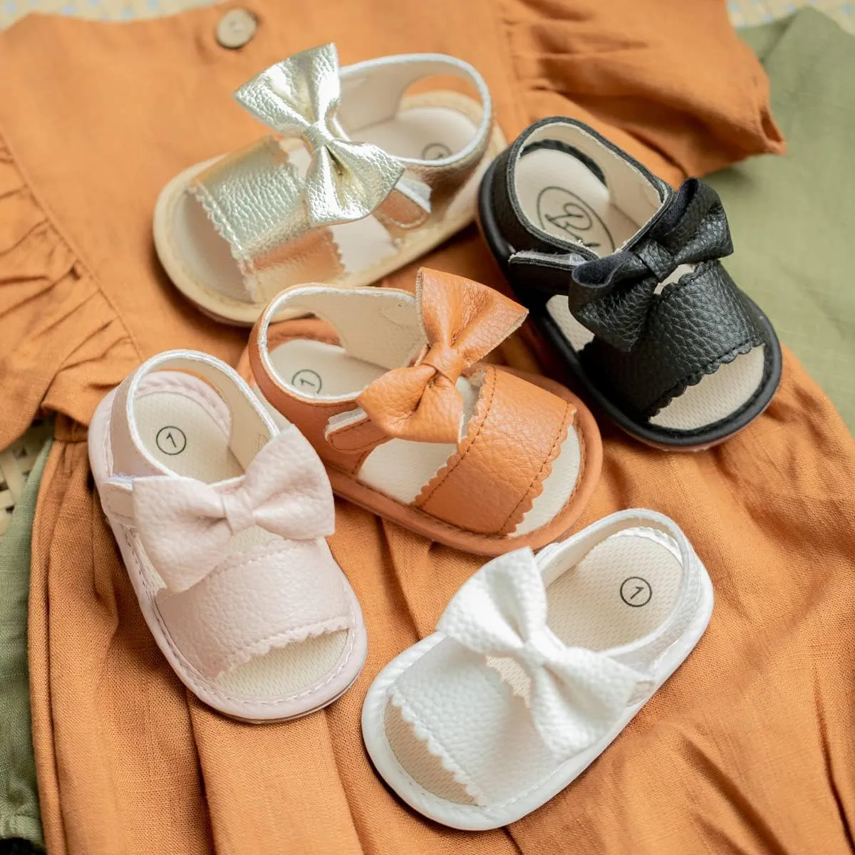 Miamooi Infant Baby Girls Boys Sandals Summer Bowknot Crib Shoes Toddler Pu Leather Flower Soft Rubber Sole Dress Flats First Walker Shoes