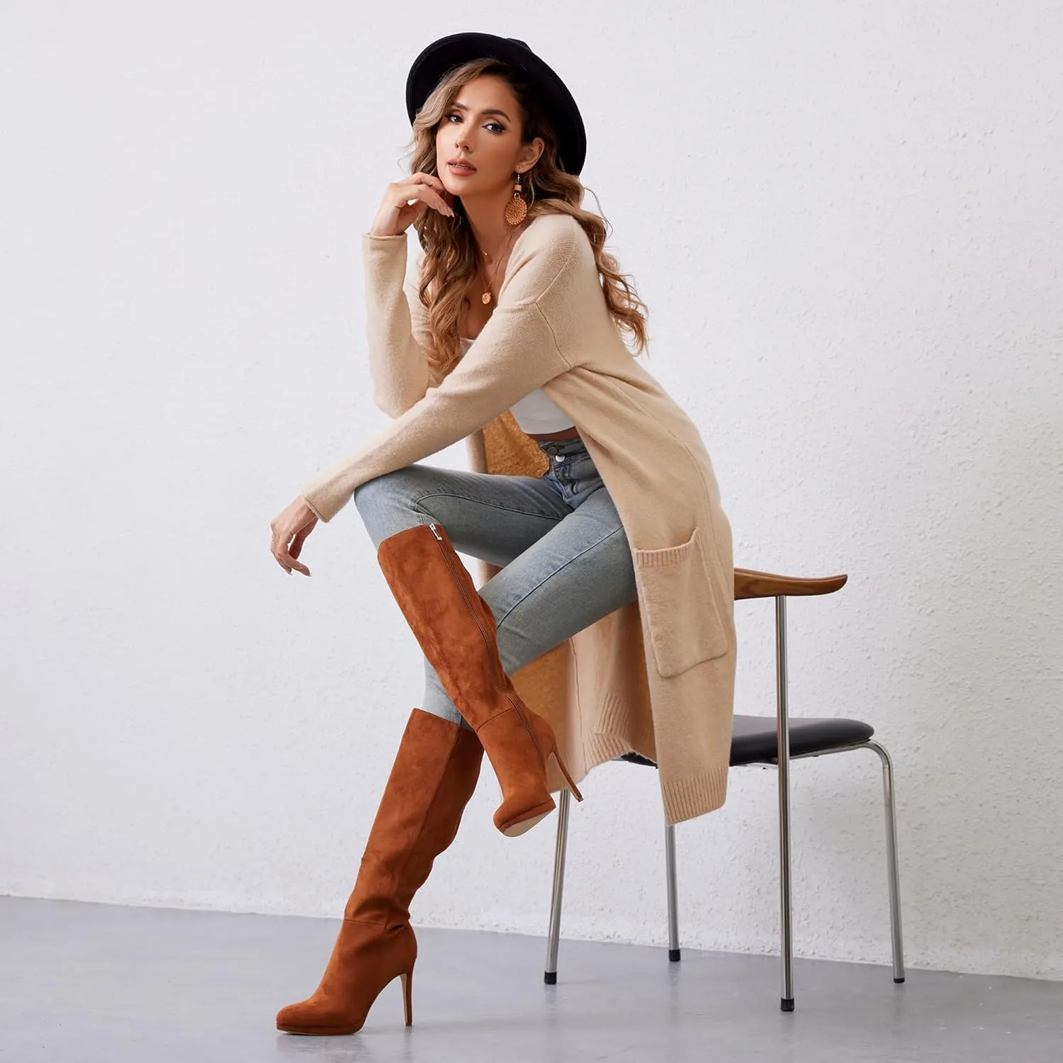 Modatope Knee High Boots Women Platform Boots Pointed Toe Tall Boots 4 In Stiletto High Heel Long Boots Side Zipper Dress Knee High Boots