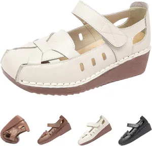 MOYOWEI Women's Woven Mary Jane Wedge Sandals,Comfortable Closed Toe Cutout Leather Soft Sole Ankle Strap Oxford Dress Pumps