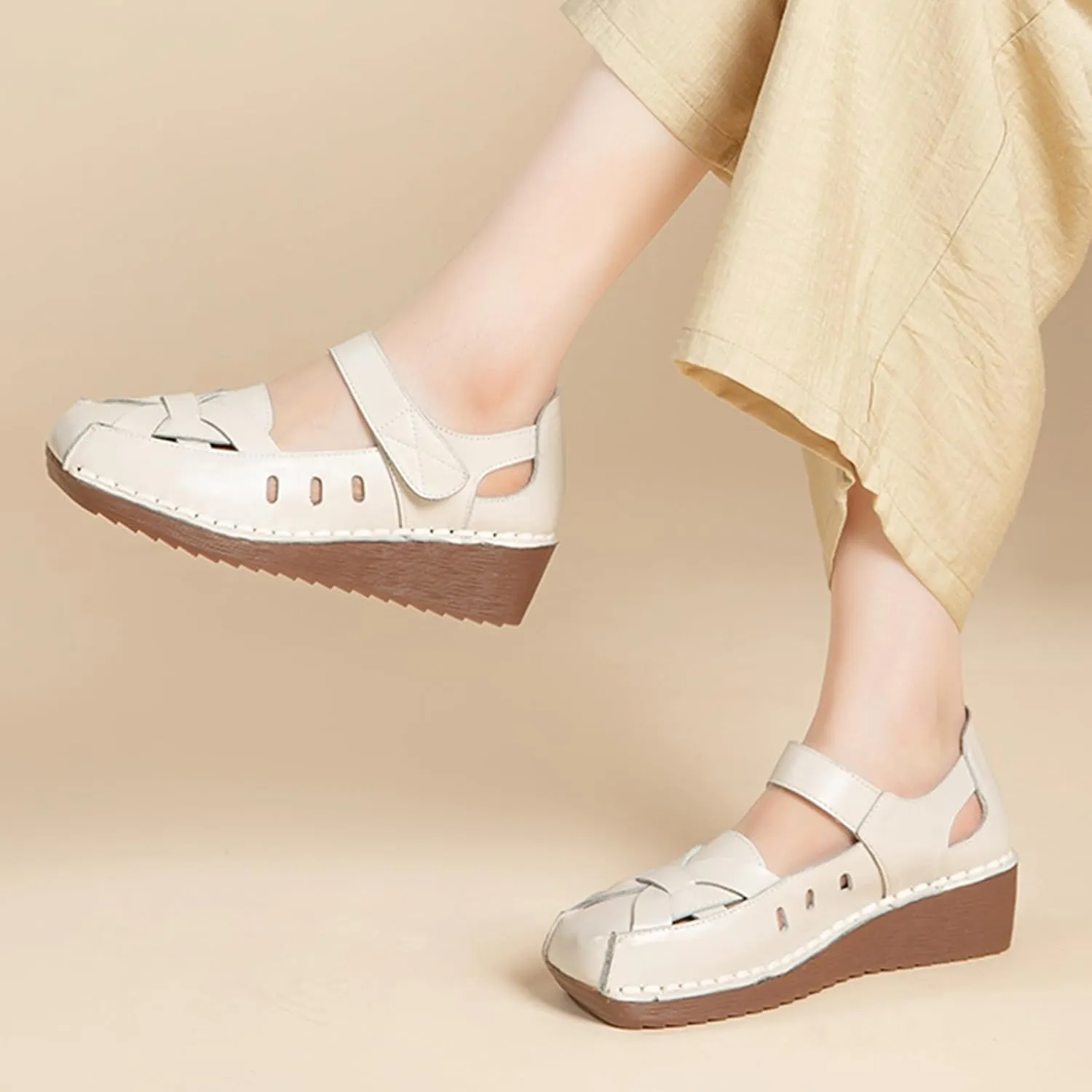 MOYOWEI Women's Woven Mary Jane Wedge Sandals,Comfortable Closed Toe Cutout Leather Soft Sole Ankle Strap Oxford Dress Pumps
