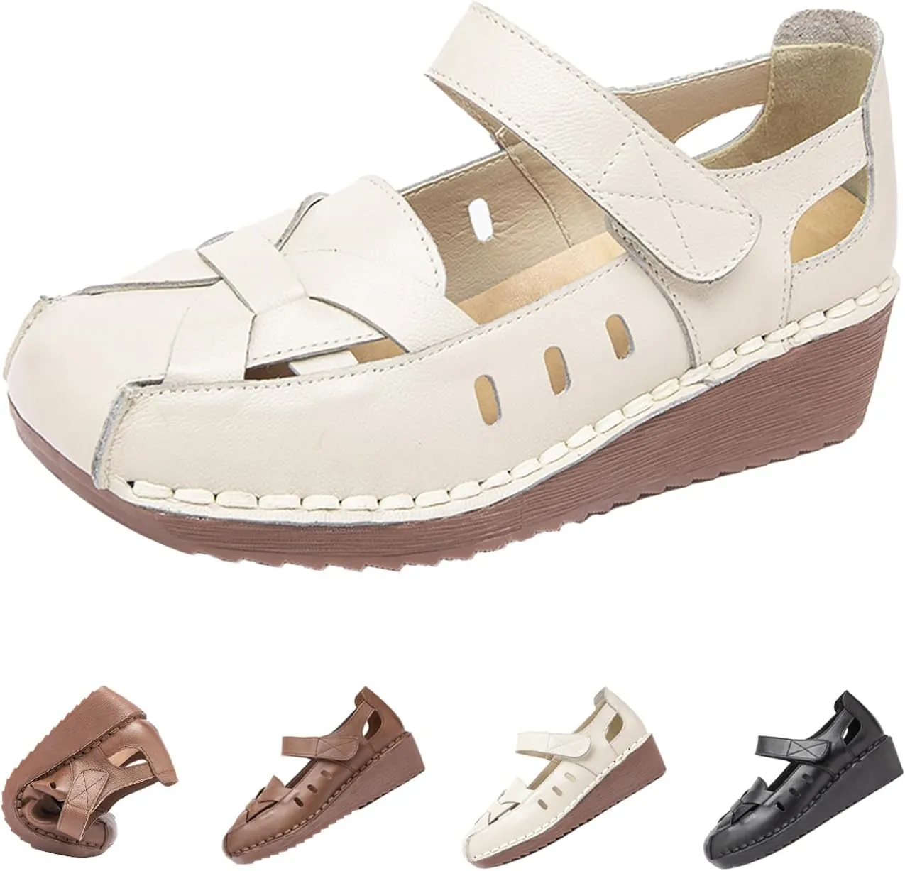 MOYOWEI Women's Woven Mary Jane Wedge Sandals,Comfortable Closed Toe Cutout Leather Soft Sole Ankle Strap Oxford Dress Pumps