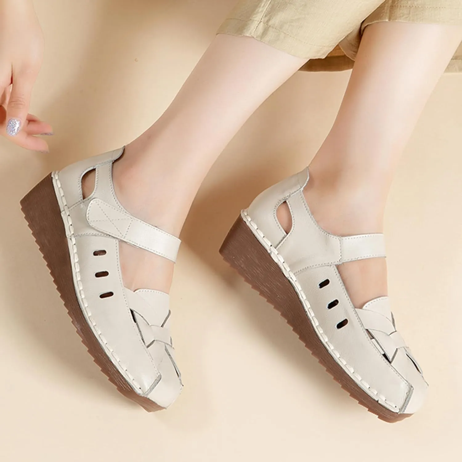 MOYOWEI Women's Woven Mary Jane Wedge Sandals,Comfortable Closed Toe Cutout Leather Soft Sole Ankle Strap Oxford Dress Pumps