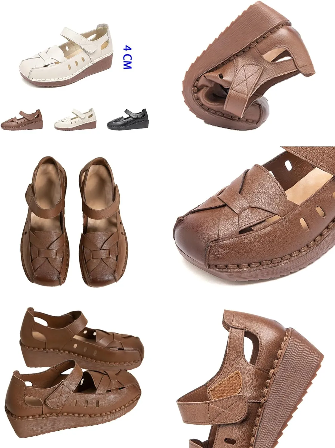 MOYOWEI Women's Woven Mary Jane Wedge Sandals,Comfortable Closed Toe Cutout Leather Soft Sole Ankle Strap Oxford Dress Pumps
