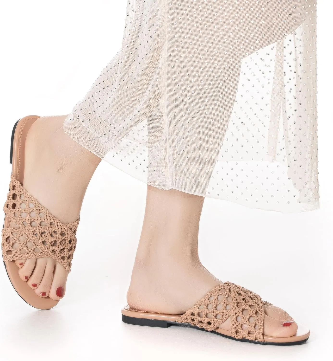 Mtzyoa Women Flat Sandals Braided Leather Crossover Nude Dressy Fashion Evening Party Wedding Sandals