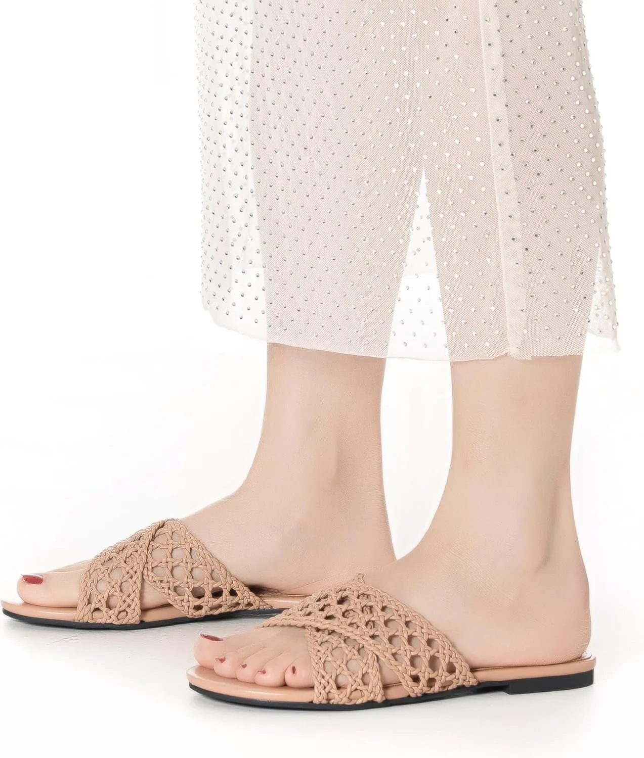 Mtzyoa Women Flat Sandals Braided Leather Crossover Nude Dressy Fashion Evening Party Wedding Sandals