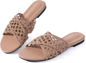 Mtzyoa Women Flat Sandals Braided Leather Crossover Nude Dressy Fashion Evening Party Wedding Sandals