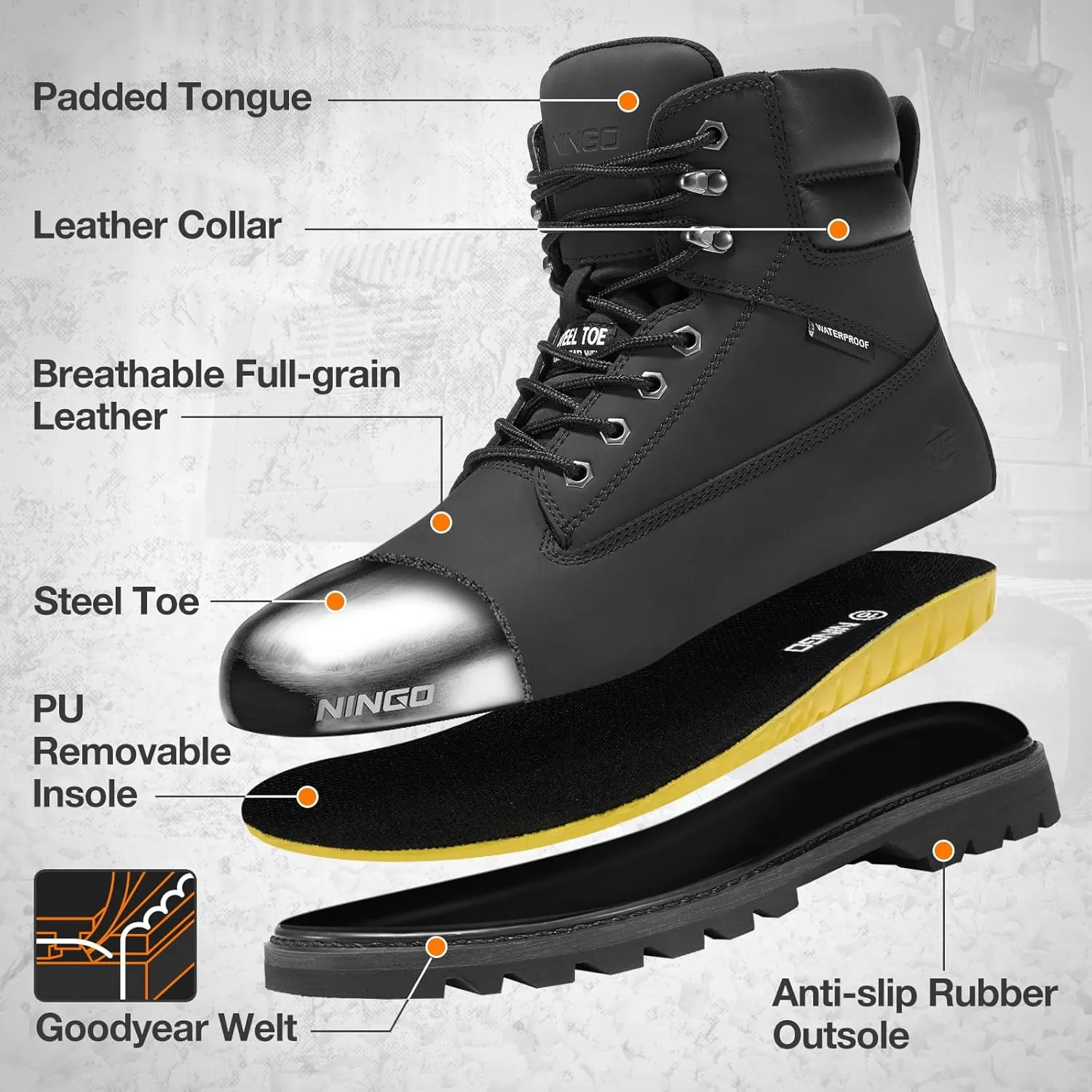 NINGO Steel Toe Work Boots for Men, Waterproof Comfortable Leather Industrial & Construction Boots, Oil & Slip Resistance Safety Shoes with EH Protection, for Outdoor Factories Warehouses Farms