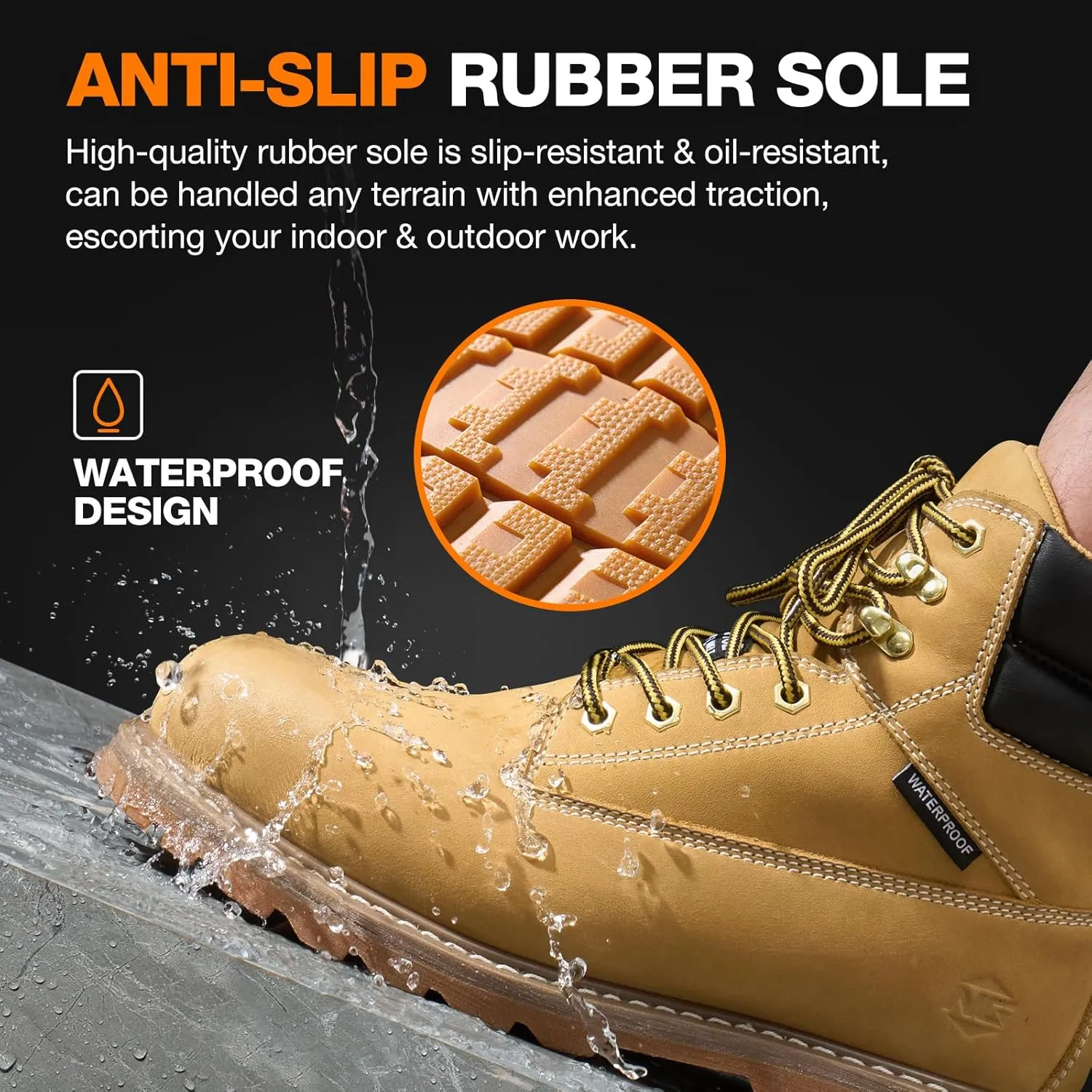 NINGO Steel Toe Work Boots for Men, Waterproof Comfortable Leather Industrial & Construction Boots, Oil & Slip Resistance Safety Shoes with EH Protection, for Outdoor Factories Warehouses Farms