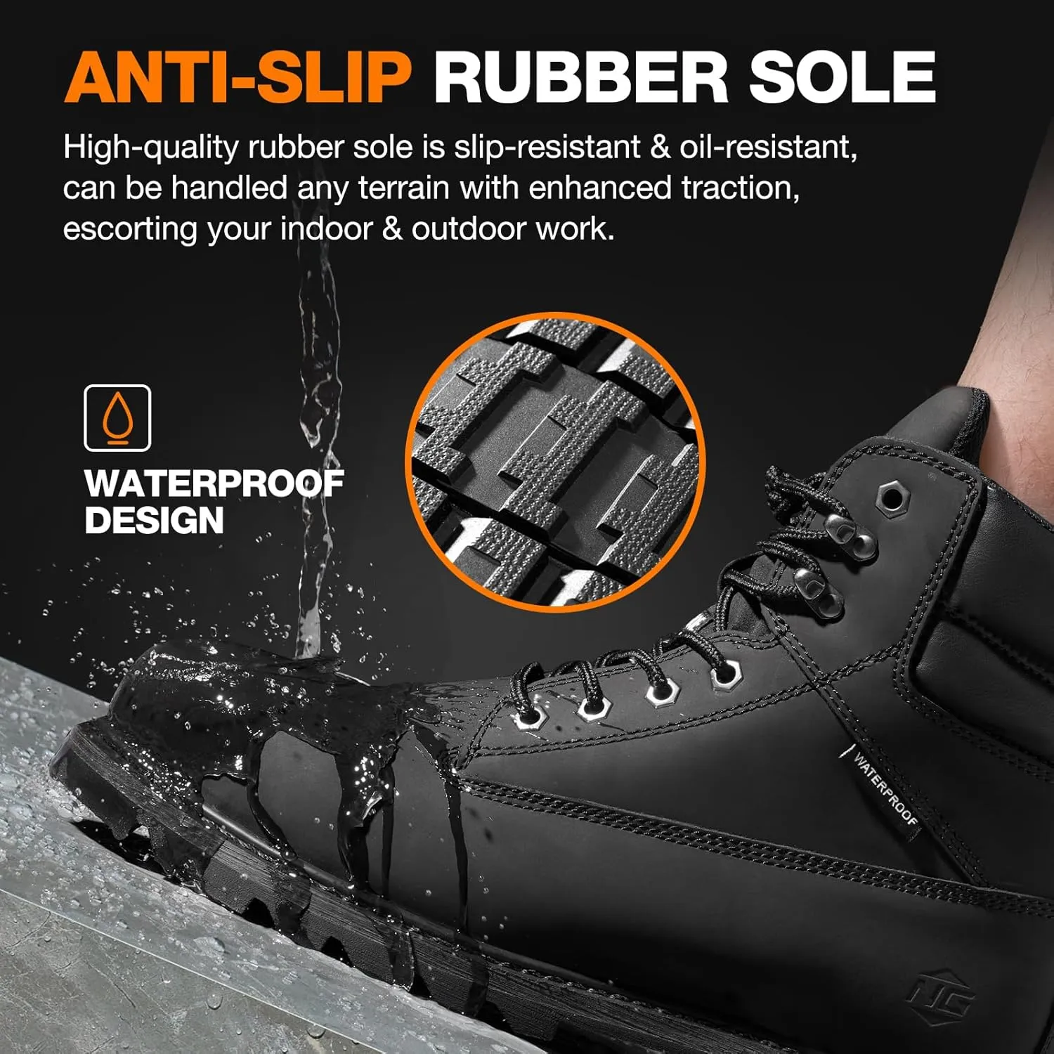 NINGO Steel Toe Work Boots for Men, Waterproof Comfortable Leather Industrial & Construction Boots, Oil & Slip Resistance Safety Shoes with EH Protection, for Outdoor Factories Warehouses Farms