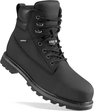 NINGO Steel Toe Work Boots for Men, Waterproof Comfortable Leather Industrial & Construction Boots, Oil & Slip Resistance Safety Shoes with EH Protection, for Outdoor Factories Warehouses Farms