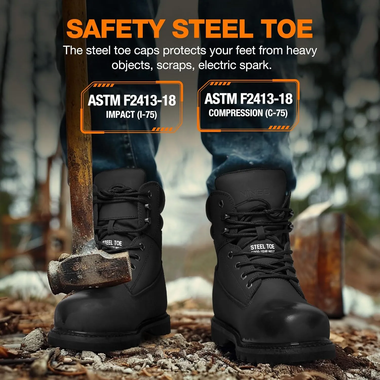 NINGO Steel Toe Work Boots for Men, Waterproof Comfortable Leather Industrial & Construction Boots, Oil & Slip Resistance Safety Shoes with EH Protection, for Outdoor Factories Warehouses Farms