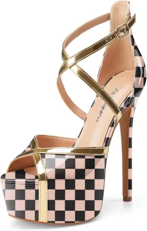 Oh Mispares Stiletto High Heel Sandals Platform Peep Toe Gold Crisscross Strappy Buckle Comfy 6 inch Heeled Spring Summer Sandals for Women Dressy