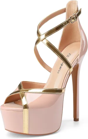 Oh Mispares Stiletto High Heel Sandals Platform Peep Toe Gold Crisscross Strappy Buckle Comfy 6 inch Heeled Spring Summer Sandals for Women Dressy