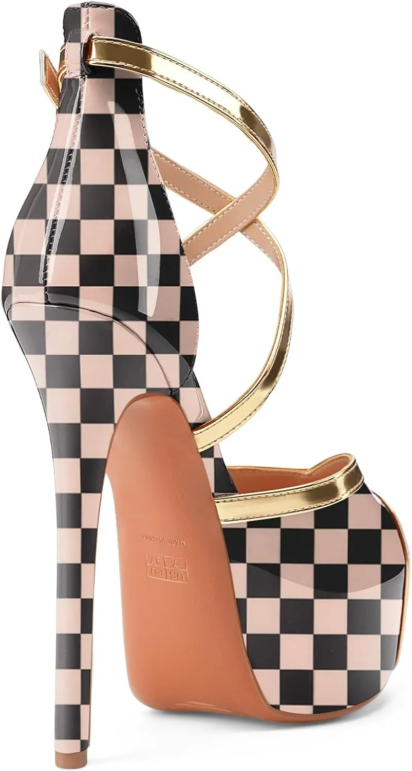 Oh Mispares Stiletto High Heel Sandals Platform Peep Toe Gold Crisscross Strappy Buckle Comfy 6 inch Heeled Spring Summer Sandals for Women Dressy