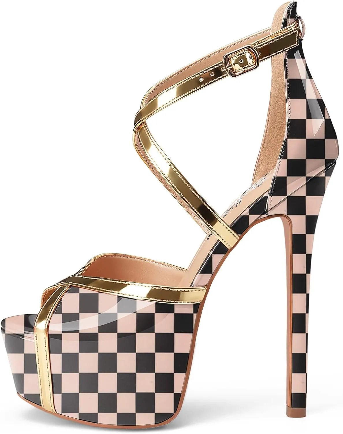 Oh Mispares Stiletto High Heel Sandals Platform Peep Toe Gold Crisscross Strappy Buckle Comfy 6 inch Heeled Spring Summer Sandals for Women Dressy
