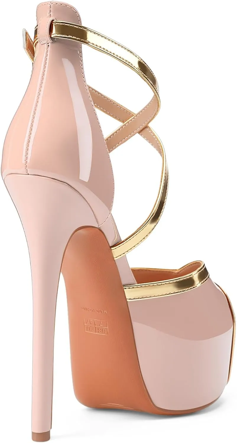 Oh Mispares Stiletto High Heel Sandals Platform Peep Toe Gold Crisscross Strappy Buckle Comfy 6 inch Heeled Spring Summer Sandals for Women Dressy