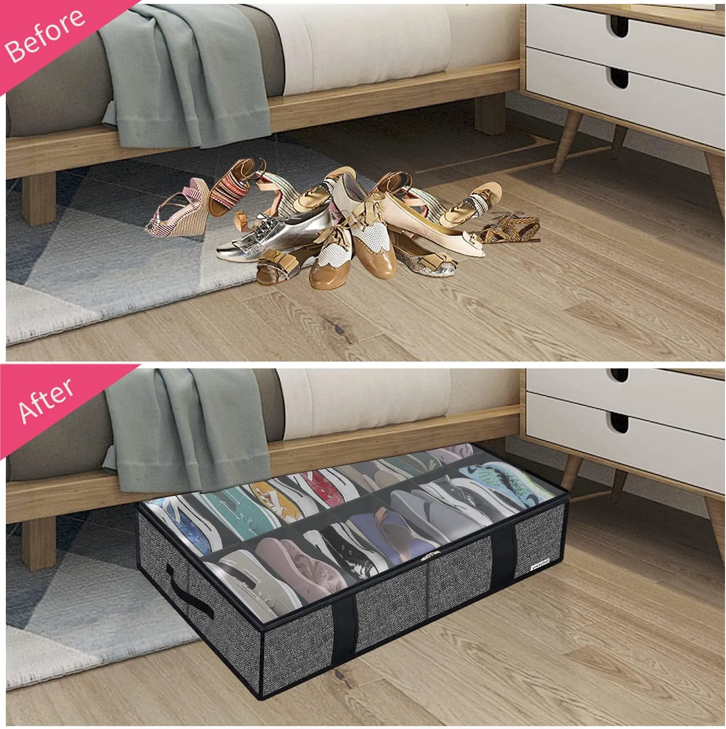 Onlyeasy 2 Pack Under Bed Shoes Storage Bag Organizer (14 4 Pairs), Collapsible Shoe Boot Container with Handles, Underbed Storage Solution for Kids & Adults, 86x60x15cm, Linen-like Black, MXAUBS14S4