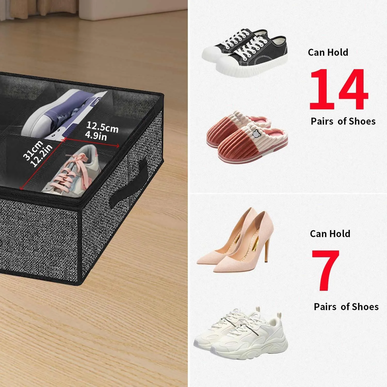 Onlyeasy 2 Pack Under Bed Shoes Storage Bag Organizer (14 4 Pairs), Collapsible Shoe Boot Container with Handles, Underbed Storage Solution for Kids & Adults, 86x60x15cm, Linen-like Black, MXAUBS14S4