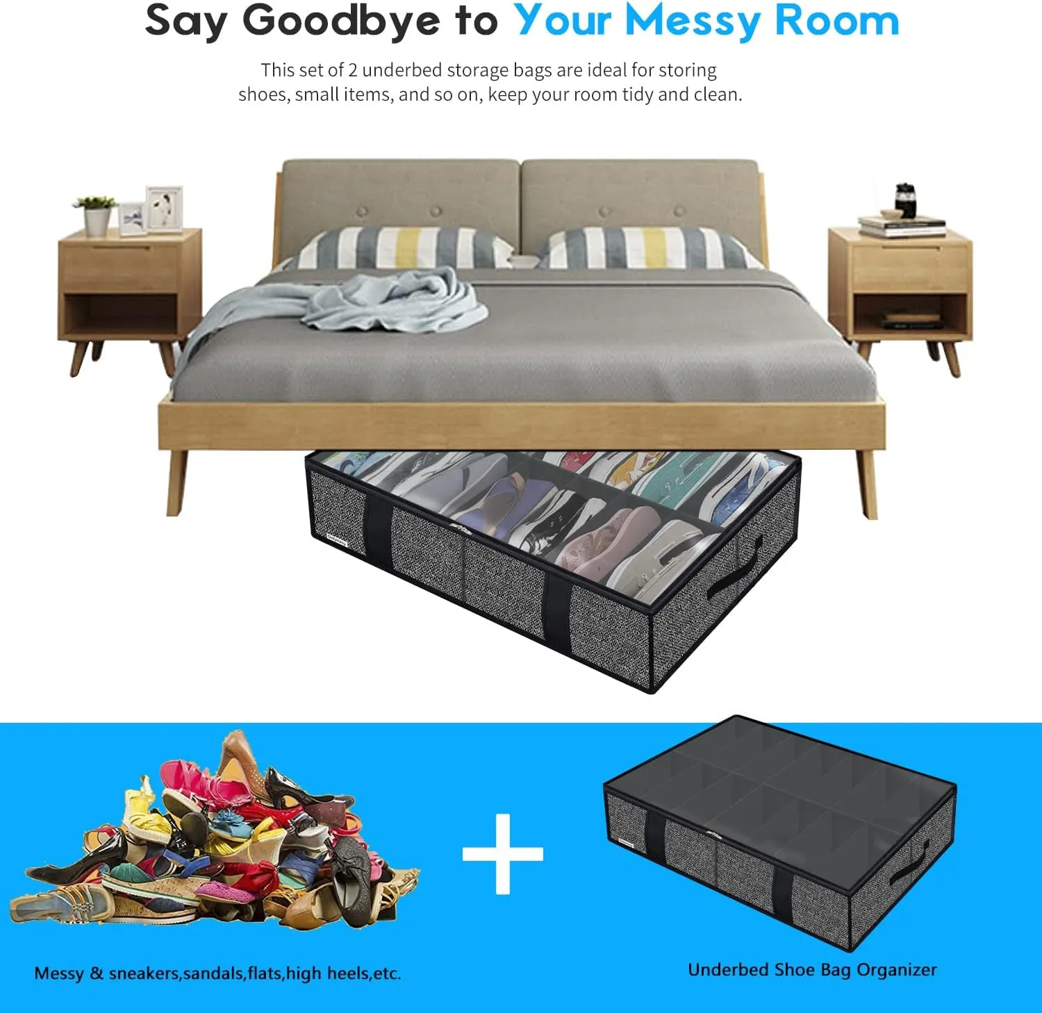 Onlyeasy 2 Pack Under Bed Shoes Storage Bag Organizer (14 4 Pairs), Collapsible Shoe Boot Container with Handles, Underbed Storage Solution for Kids & Adults, 86x60x15cm, Linen-like Black, MXAUBS14S4