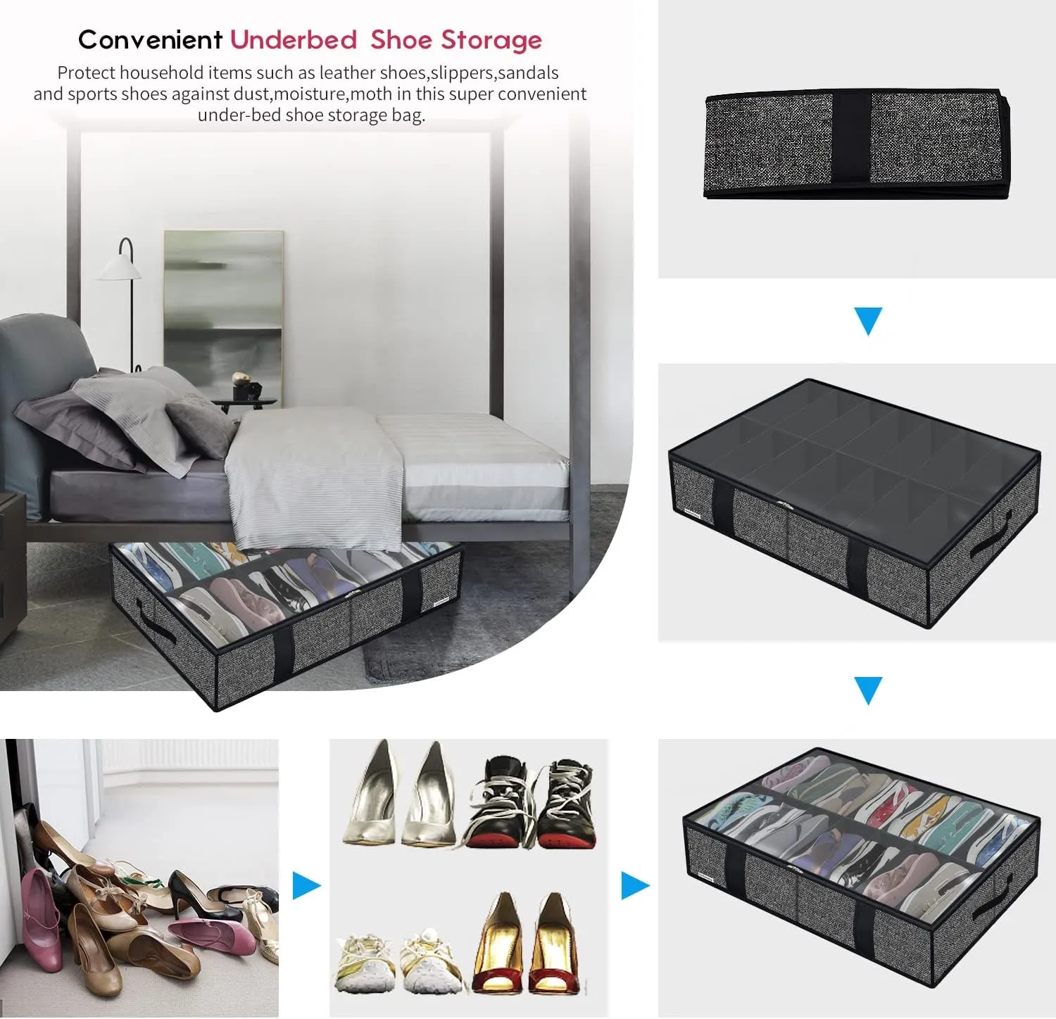 Onlyeasy 2 Pack Under Bed Shoes Storage Bag Organizer (14 4 Pairs), Collapsible Shoe Boot Container with Handles, Underbed Storage Solution for Kids & Adults, 86x60x15cm, Linen-like Black, MXAUBS14S4