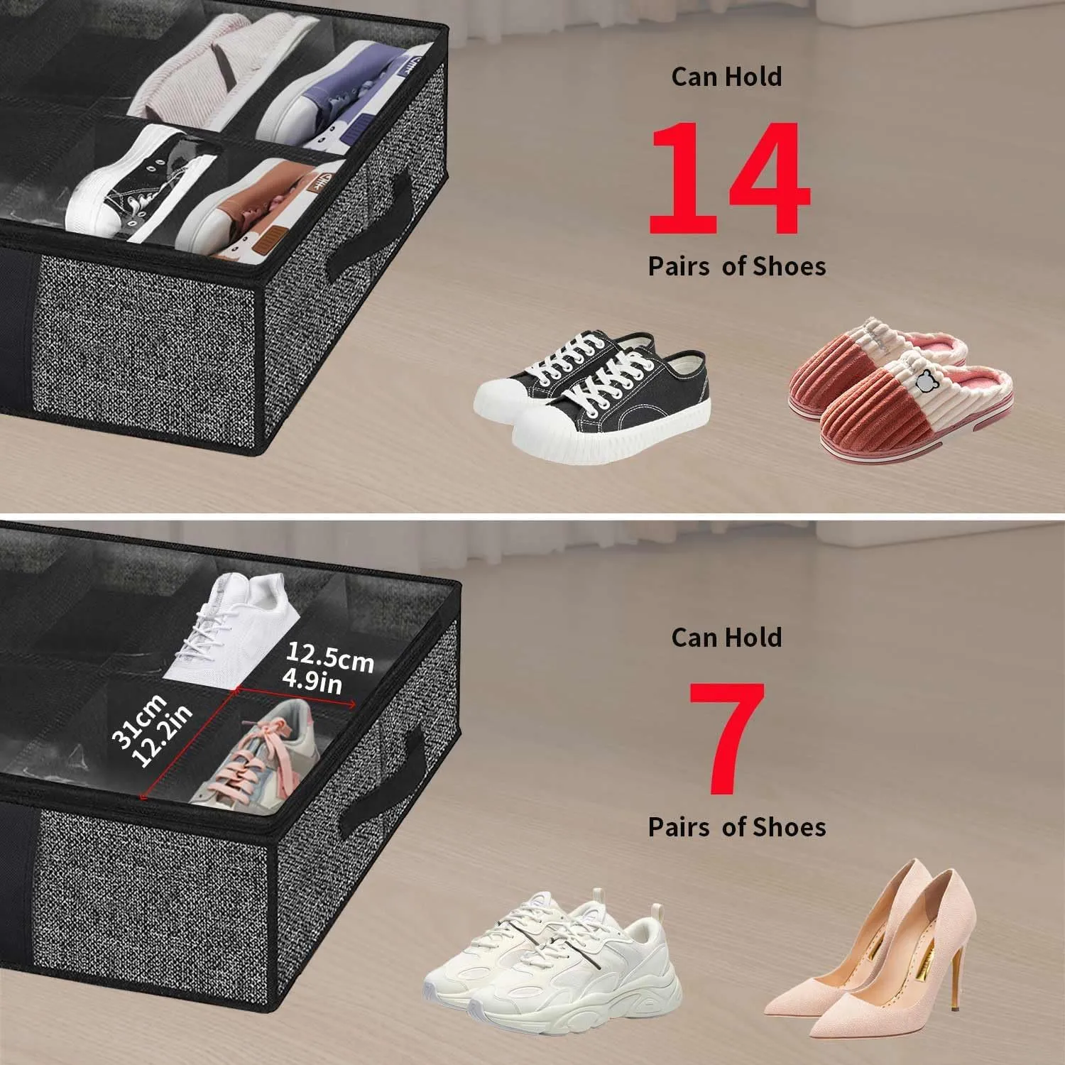 Onlyeasy 2 Pack Under Bed Shoes Storage Bag Organizer (14 4 Pairs), Collapsible Shoe Boot Container with Handles, Underbed Storage Solution for Kids & Adults, 86x60x15cm, Linen-like Black, MXAUBS14S4