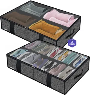 Onlyeasy 2 Pack Under Bed Shoes Storage Bag Organizer (14 4 Pairs), Collapsible Shoe Boot Container with Handles, Underbed Storage Solution for Kids & Adults, 86x60x15cm, Linen-like Black, MXAUBS14S4