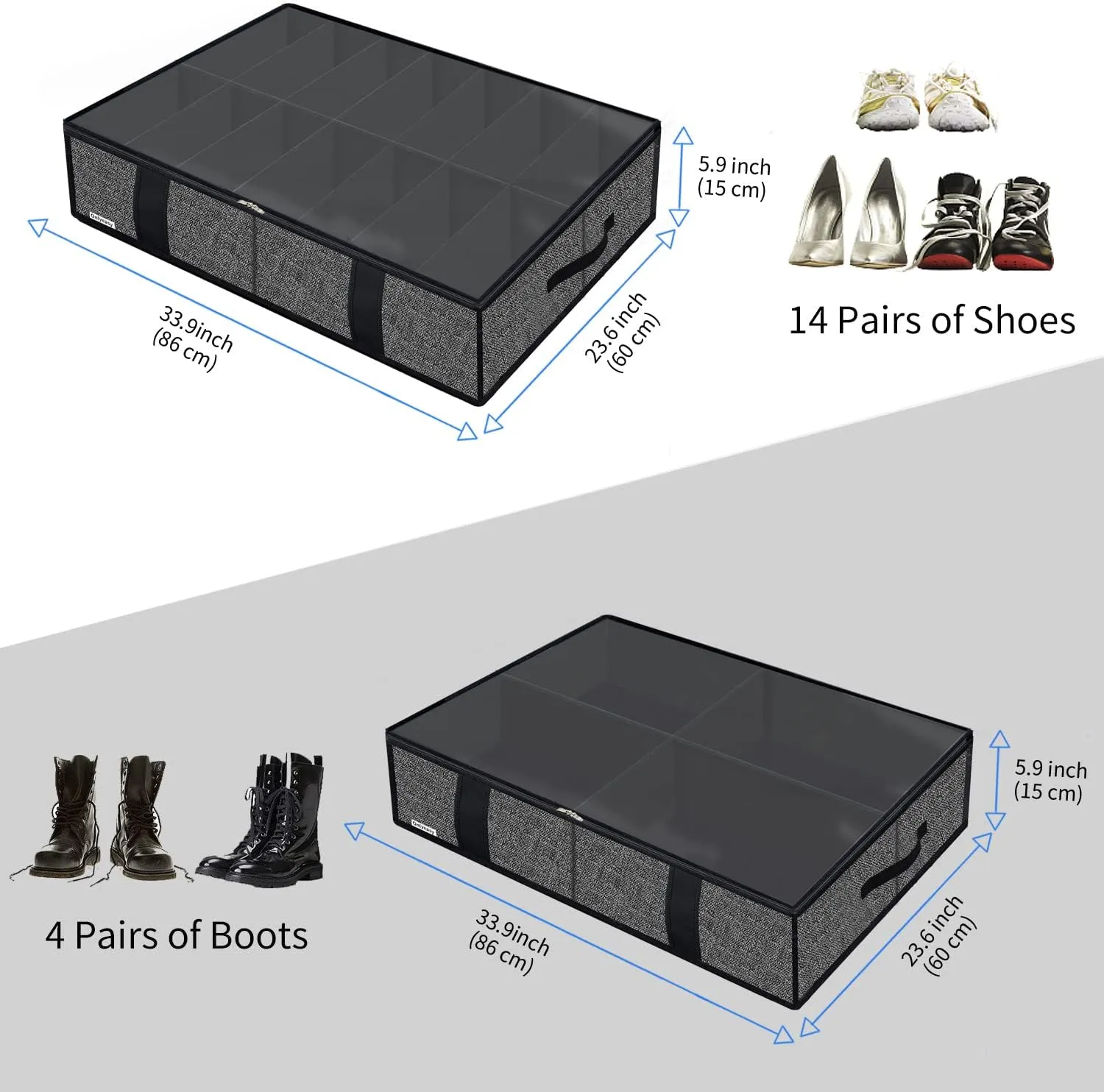 Onlyeasy 2 Pack Under Bed Shoes Storage Bag Organizer (14 4 Pairs), Collapsible Shoe Boot Container with Handles, Underbed Storage Solution for Kids & Adults, 86x60x15cm, Linen-like Black, MXAUBS14S4