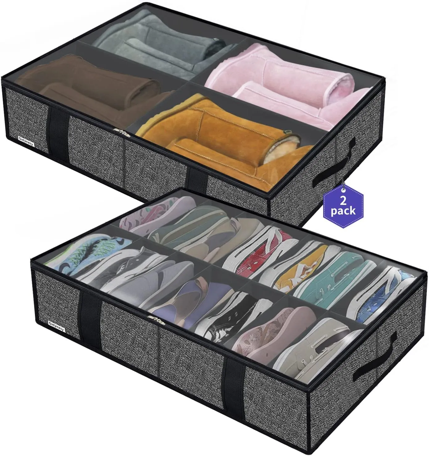 Onlyeasy 2 Pack Under Bed Shoes Storage Bag Organizer (14 4 Pairs), Collapsible Shoe Boot Container with Handles, Underbed Storage Solution for Kids & Adults, 86x60x15cm, Linen-like Black, MXAUBS14S4