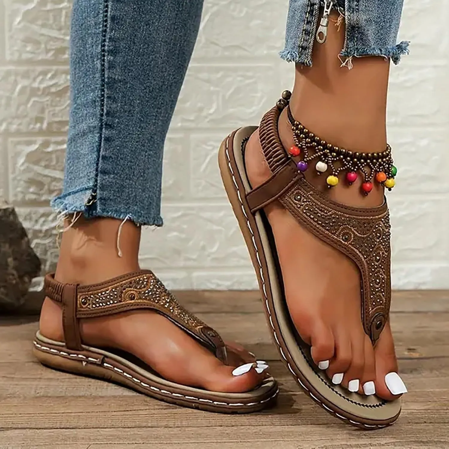 Orthopedic Sandals for Women Fashion Glitter Casual Elastic Strappy Flip Flops Summer Comfy Breathable Beach Flat Sandals
