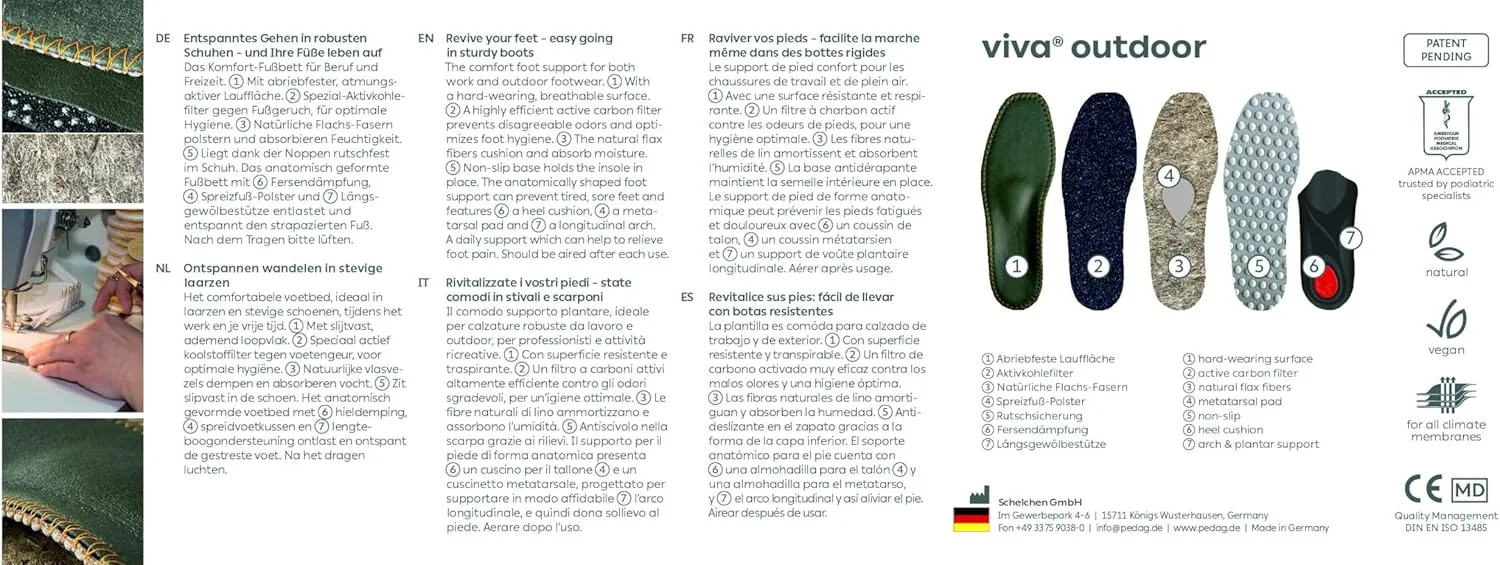 pedag Viva Outdoor | Made in Germany | Hiking Arch Support, Metatarsal Pad & Heel Cushion | Breathable Vegan Leather Insoles | Semi-Rigid | Prevent Foot Odor & Relieves Tired Feet. Size US W10/M7/EU40