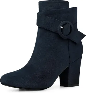 Perphy Round Toe Side Zip Buckle Chunky Heel Ankle Boots For Women