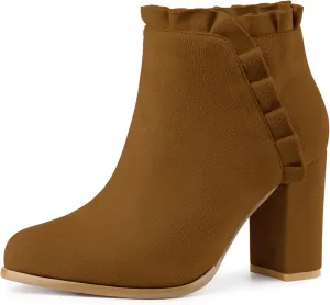 Perphy Ruffle Chunky Heel Booties Ankle Boots for Women