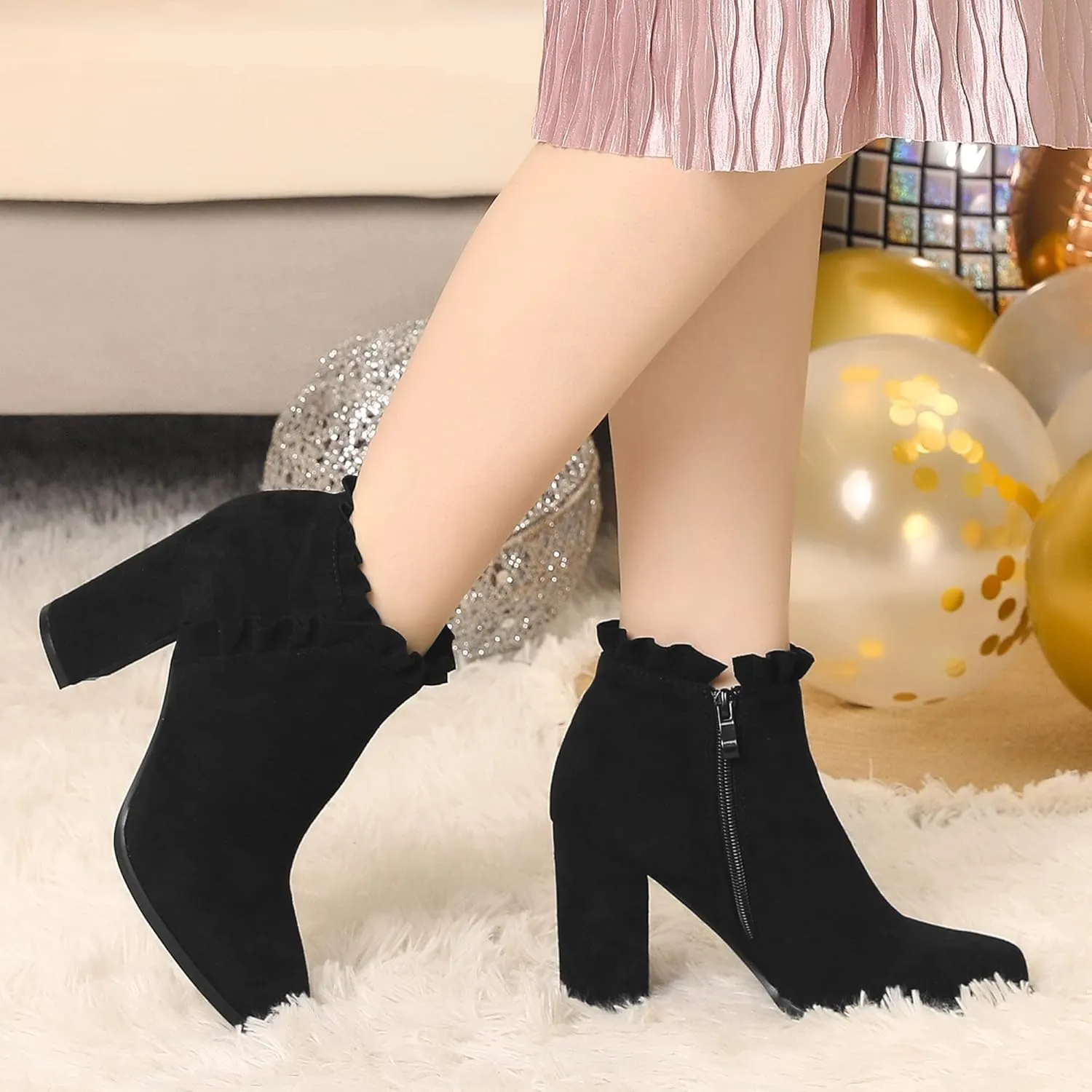 Perphy Ruffle Chunky Heel Booties Ankle Boots for Women