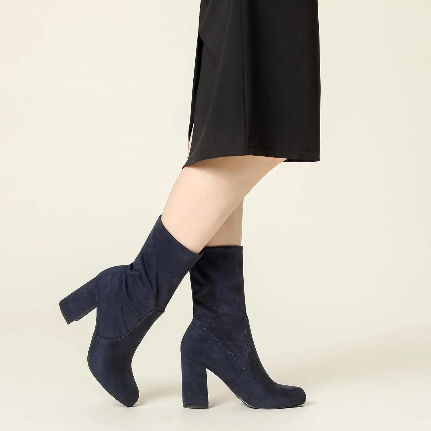 Perphy Stretch Foldable Sock Boot Round Toe Block Heel Ankle Boots for Women