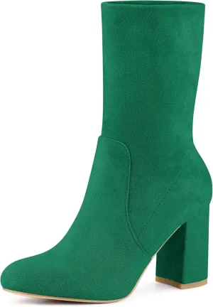 Perphy Stretch Foldable Sock Boot Round Toe Block Heel Ankle Boots for Women
