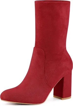 Perphy Stretch Foldable Sock Boot Round Toe Block Heel Ankle Boots for Women