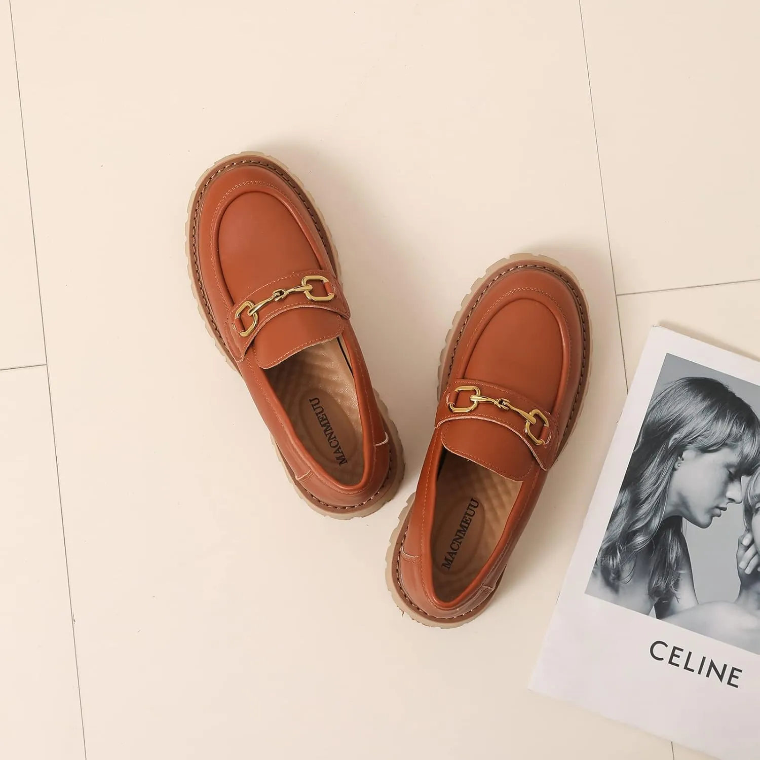 Platform Loafers for Women Chunky Heel Lug Sole Loafers Slip ons Round Toe