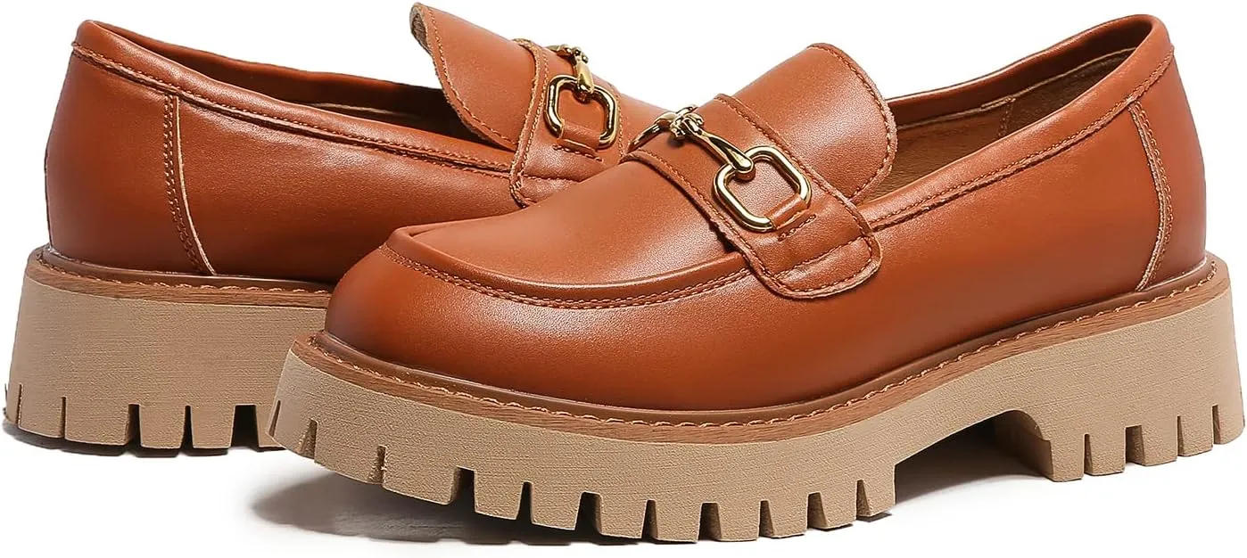 Platform Loafers for Women Chunky Heel Lug Sole Loafers Slip ons Round Toe