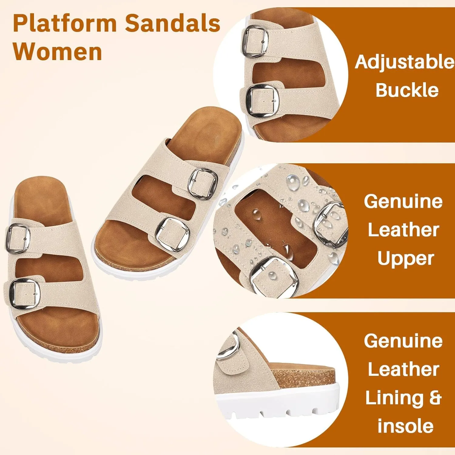 Platform Sandals for Women Wedge Chunky Sandal Womens Leather Sandals with Adjustable Buckle Straps and Memory Foam Insole