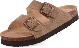 Platform Suede Sandals for Women Soft Cork Footbed Summer Slides with Adjustable Buckle, Suede Apricot 37 (Size 6.5-7)