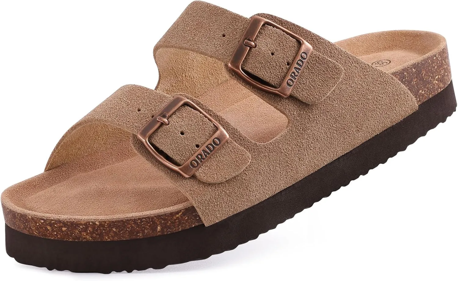 Platform Suede Sandals for Women Soft Cork Footbed Summer Slides with Adjustable Buckle, Suede Apricot 37 (Size 6.5-7)