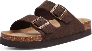 Platform Suede Sandals for Women Soft Cork Footbed Summer Slides with Adjustable Buckle