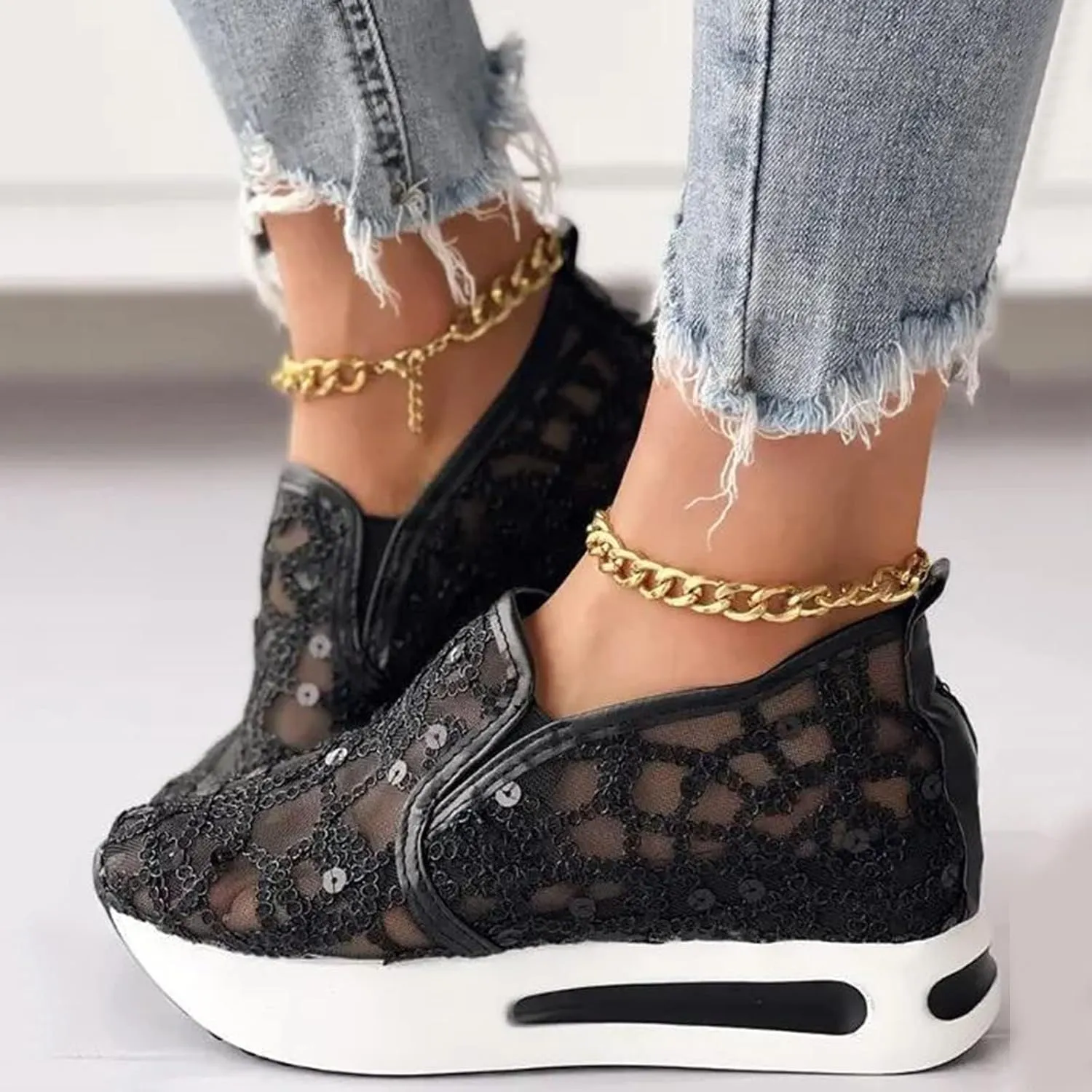 Platform Wedge Sneakers for Women Dressy Casual High Heel Loafers Floral Embroidery Tennis Shoes Breathable Walking Shoe Comfortable Sheer Mesh Slip on Shoe Chunky Sole Sneaker with Arch Support