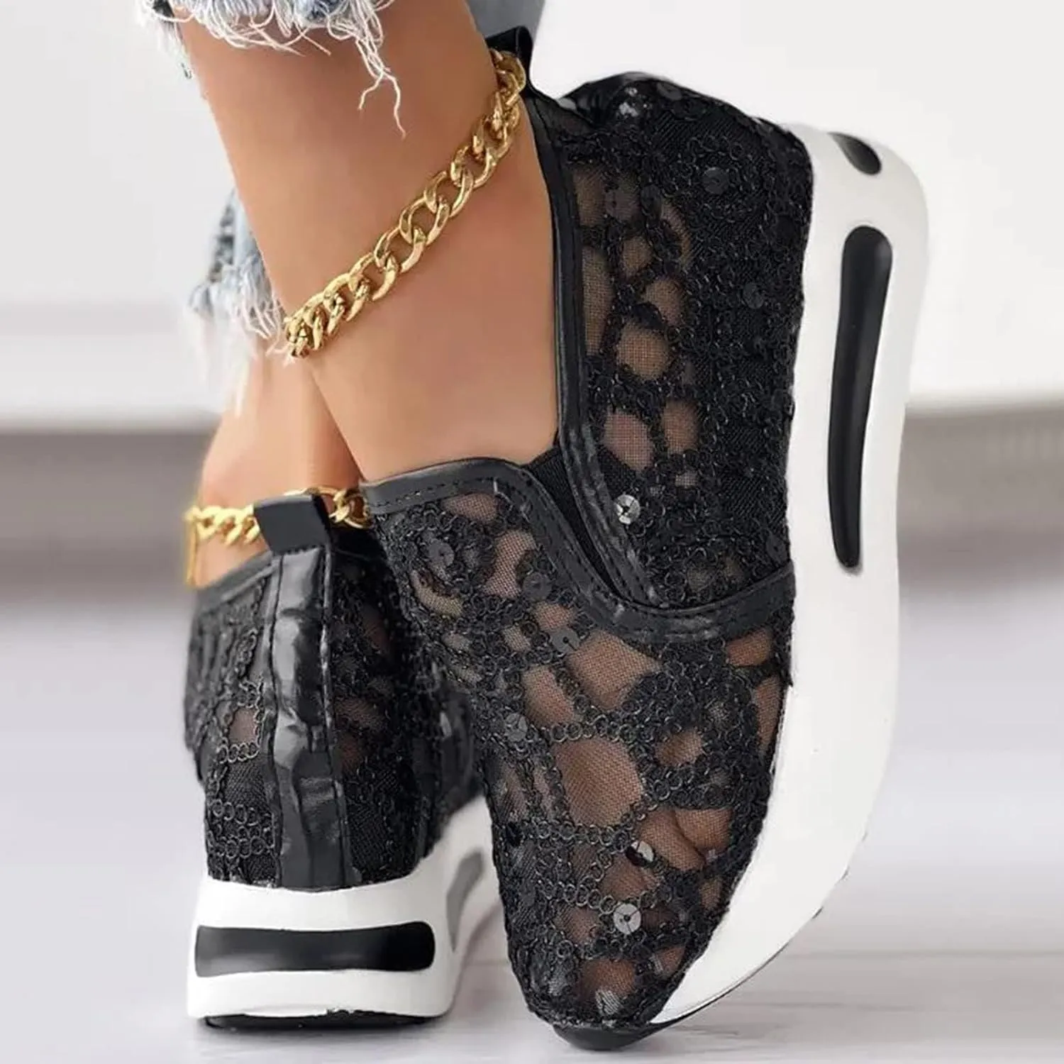 Platform Wedge Sneakers for Women Dressy Casual High Heel Loafers Floral Embroidery Tennis Shoes Breathable Walking Shoe Comfortable Sheer Mesh Slip on Shoe Chunky Sole Sneaker with Arch Support
