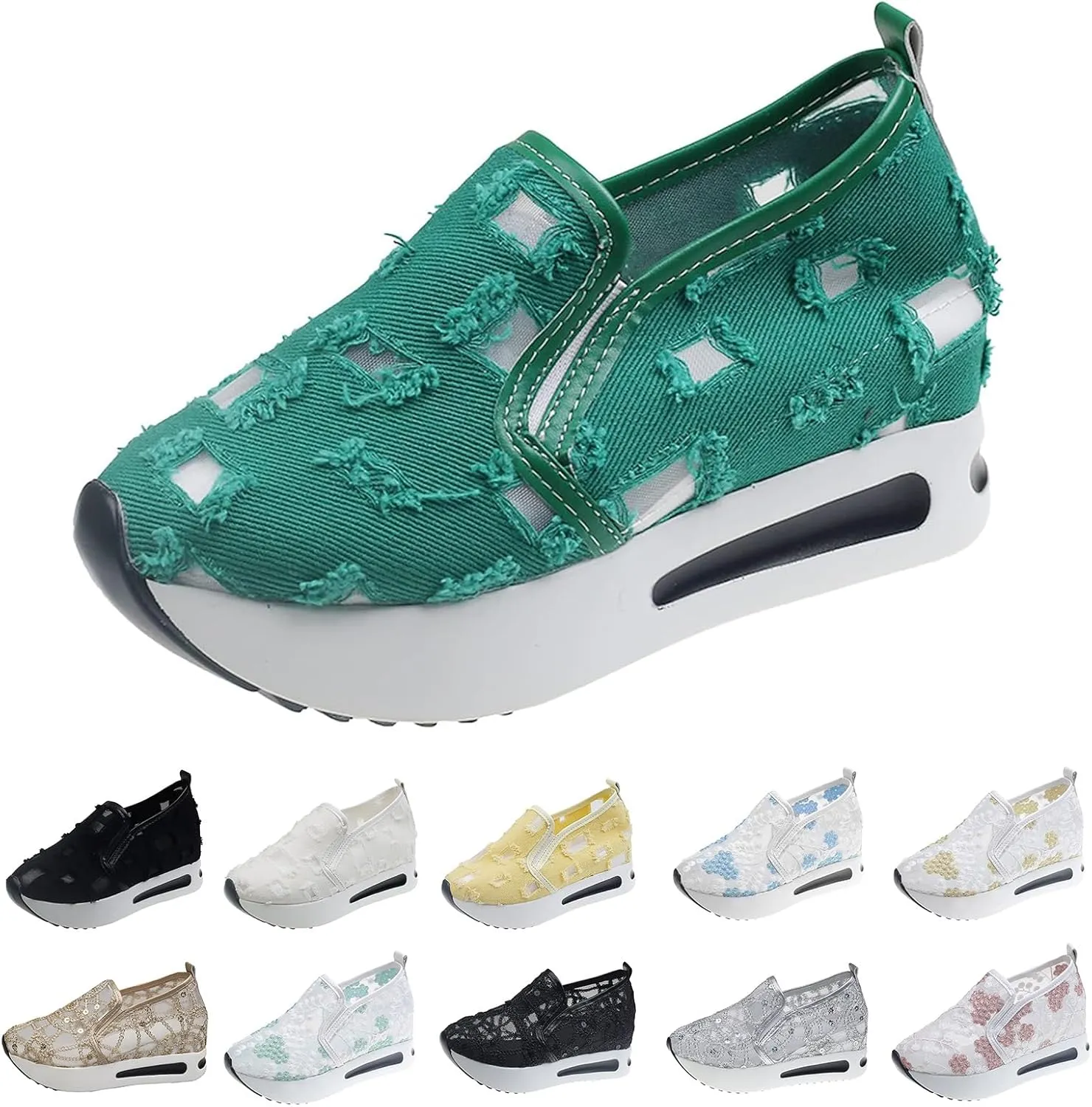 Platform Wedge Sneakers for Women Dressy Casual High Heel Loafers Floral Embroidery Tennis Shoes Breathable Walking Shoe Comfortable Sheer Mesh Slip on Shoe Chunky Sole Sneaker with Arch Support