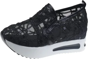 Platform Wedge Sneakers for Women Dressy Casual High Heel Loafers Floral Embroidery Tennis Shoes Breathable Walking Shoe Comfortable Sheer Mesh Slip on Shoe Chunky Sole Sneaker with Arch Support