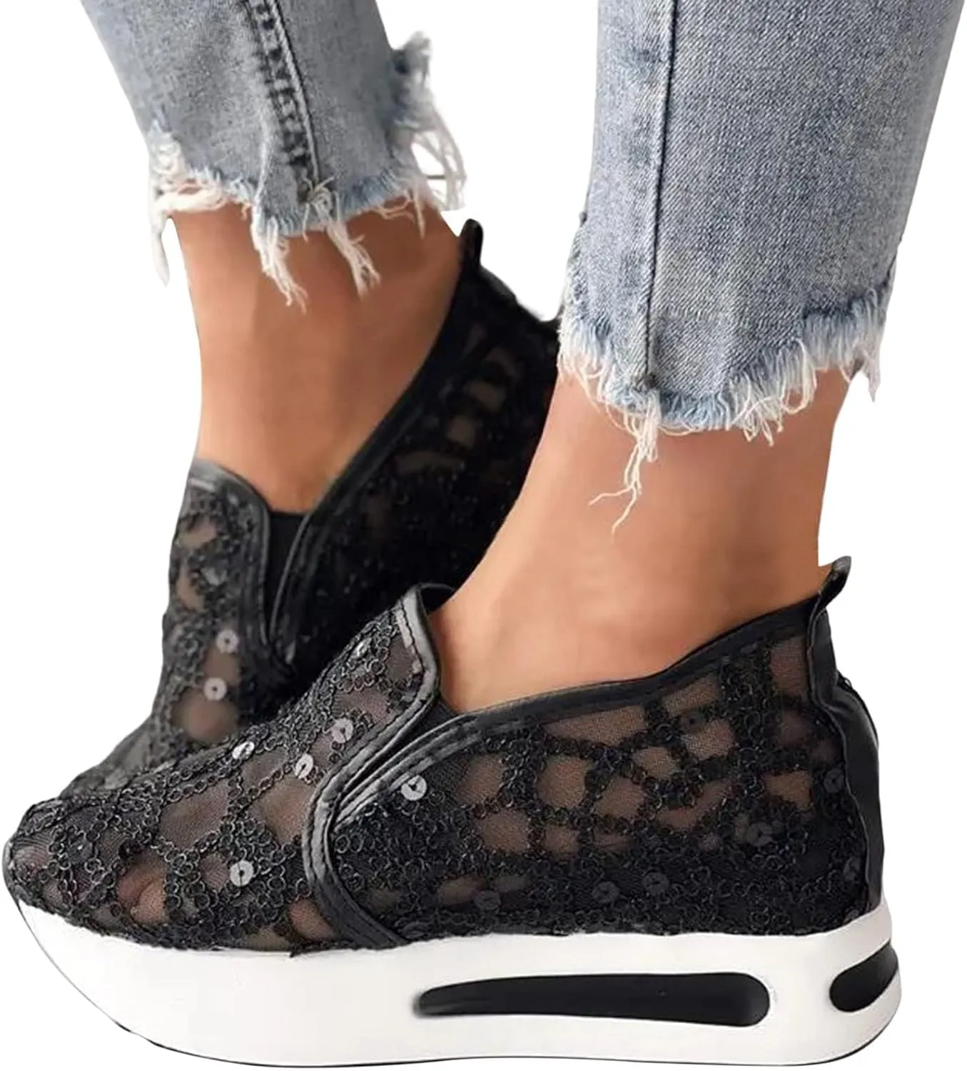 Platform Wedge Sneakers for Women Dressy Casual High Heel Loafers Floral Embroidery Tennis Shoes Breathable Walking Shoe Comfortable Sheer Mesh Slip on Shoe Chunky Sole Sneaker with Arch Support