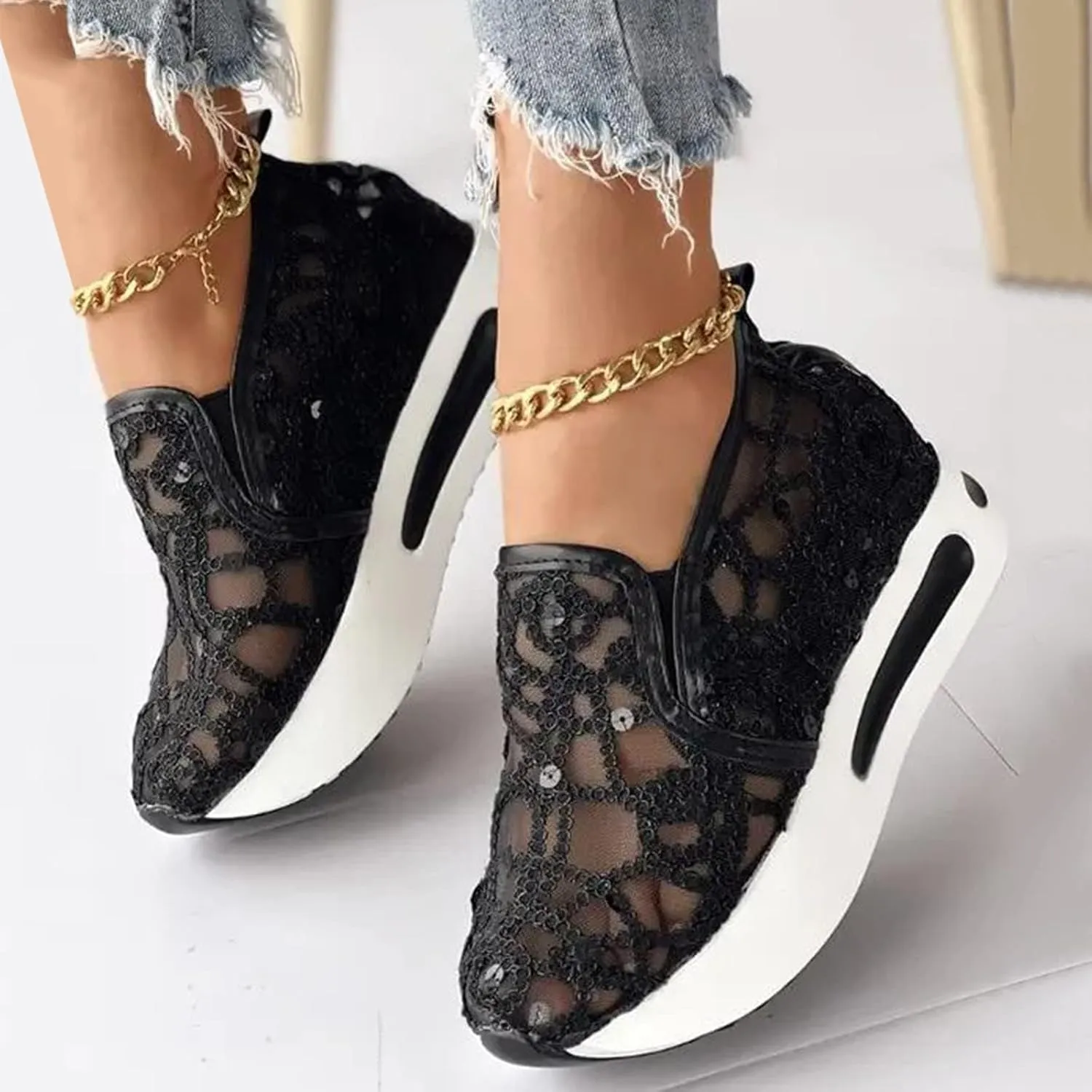 Platform Wedge Sneakers for Women Dressy Casual High Heel Loafers Floral Embroidery Tennis Shoes Breathable Walking Shoe Comfortable Sheer Mesh Slip on Shoe Chunky Sole Sneaker with Arch Support