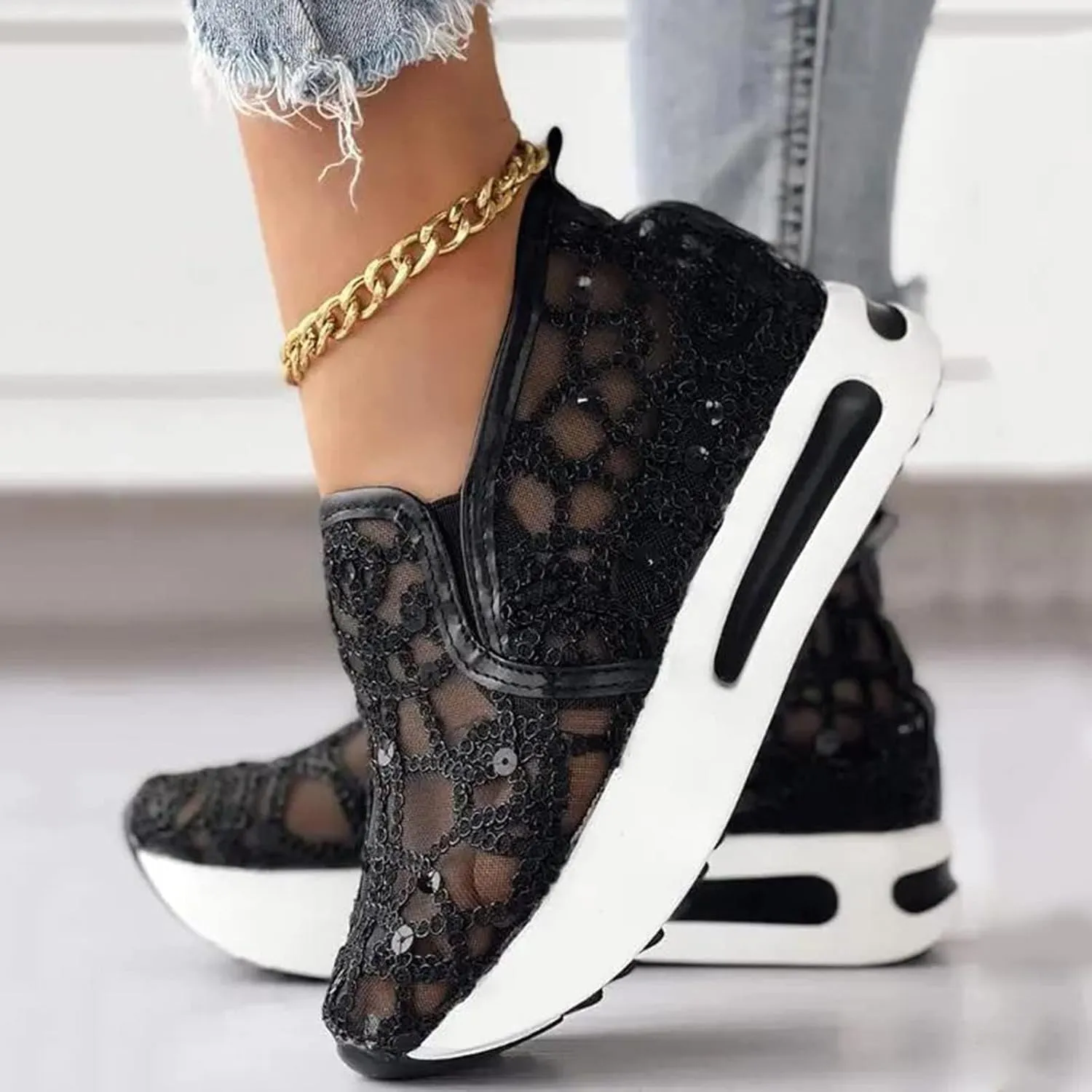 Platform Wedge Sneakers for Women Dressy Casual High Heel Loafers Floral Embroidery Tennis Shoes Breathable Walking Shoe Comfortable Sheer Mesh Slip on Shoe Chunky Sole Sneaker with Arch Support